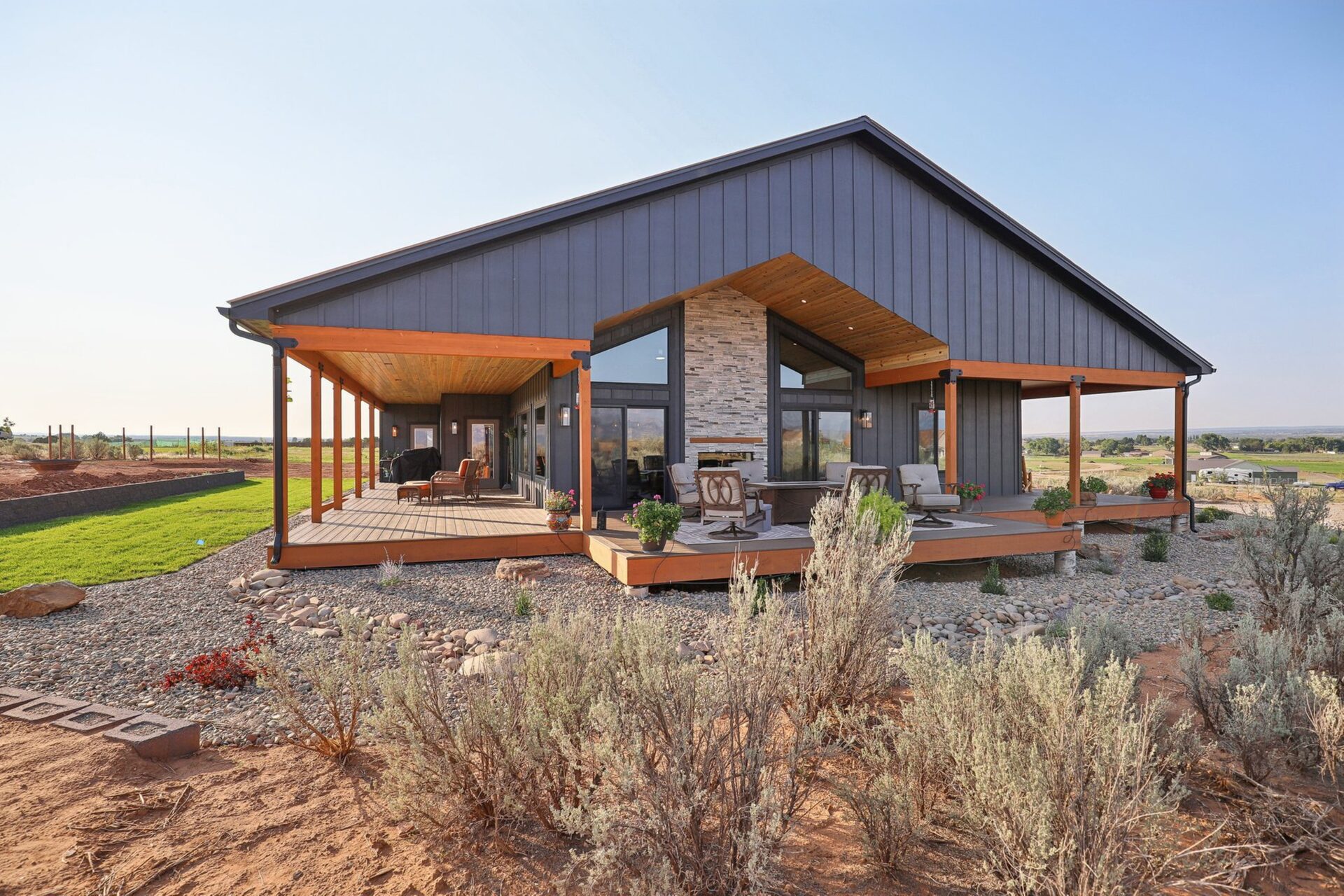 Covered outdoor living deck with mountain views