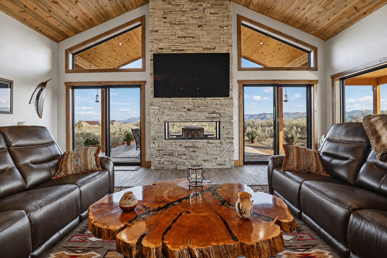 Open kitchen to living room with reclaimed wood accents