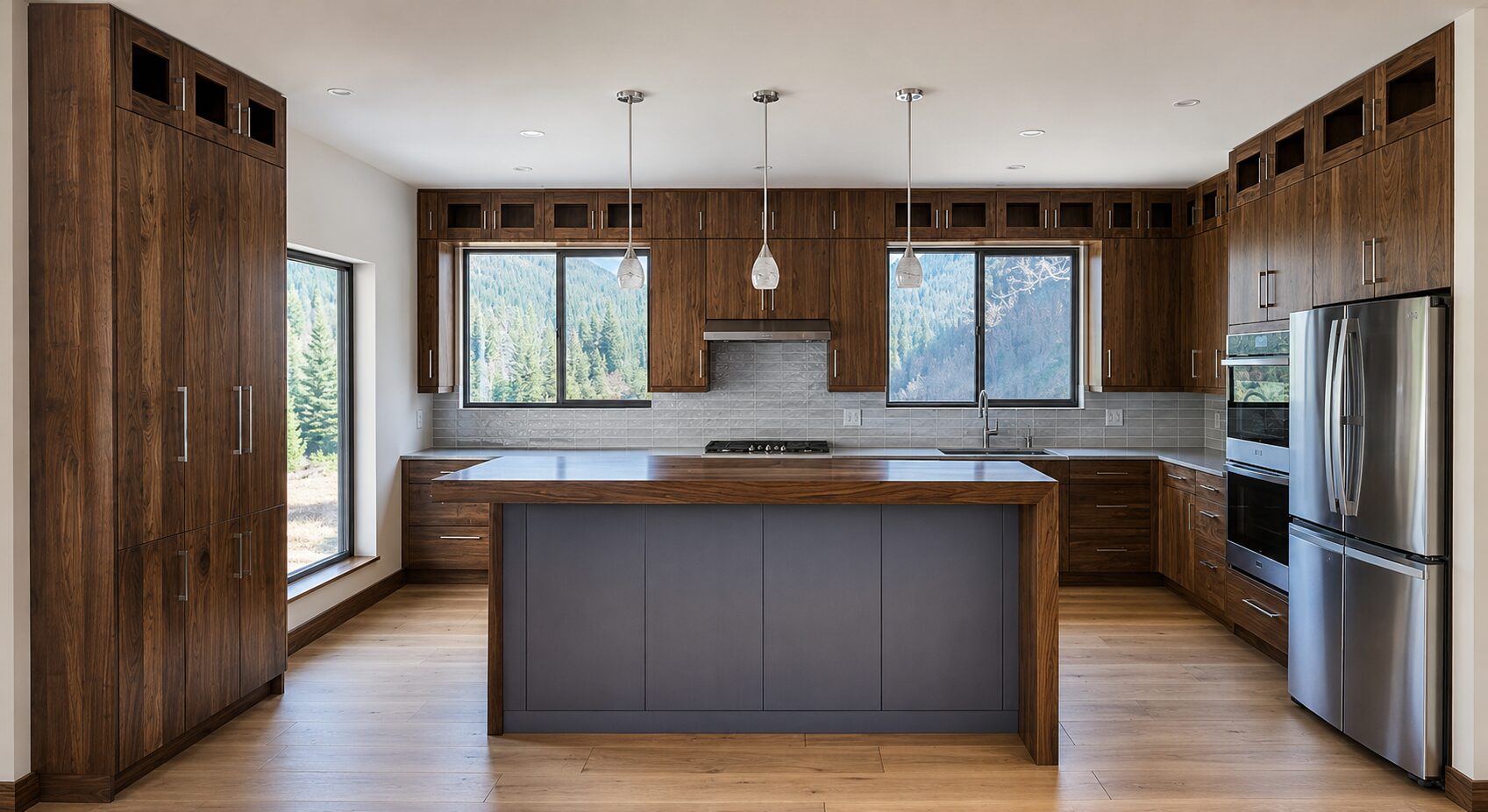 Modern custom kitchen with dark island cabinetry