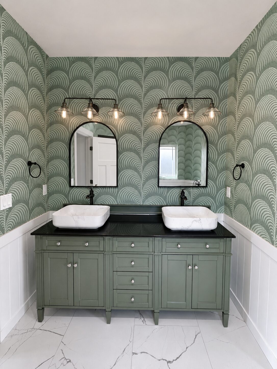 Designer double-vanity bathroom with patterned tile